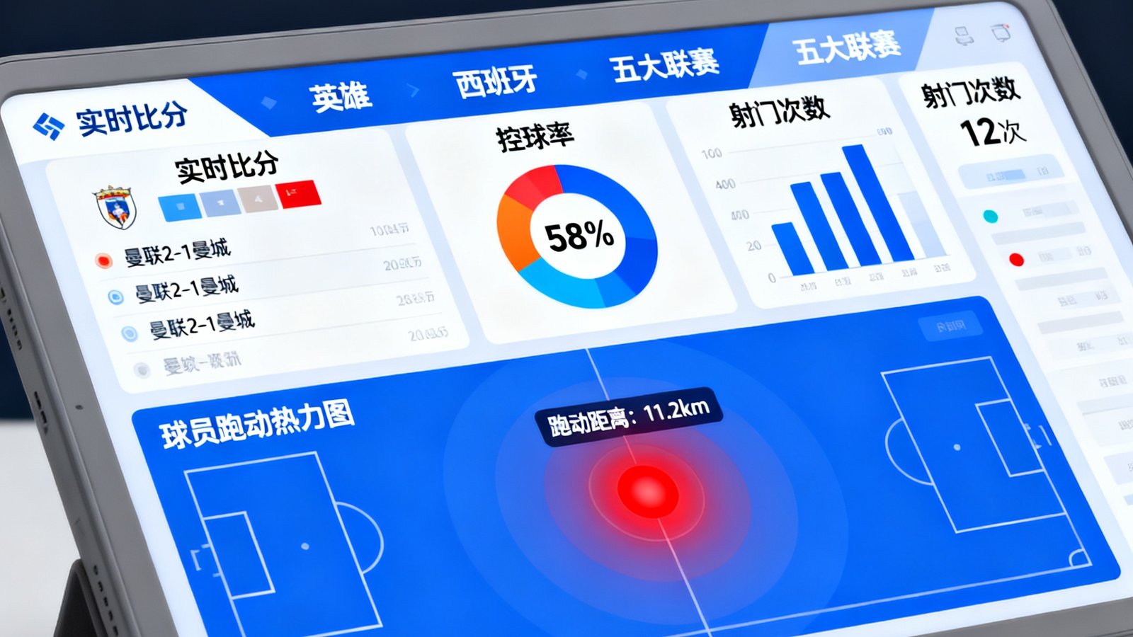 华体会足球赛事数据模块界面截图，展示英超西甲等五大联赛的实时比分、控球率、射门次数与球员跑动热力图数据面板