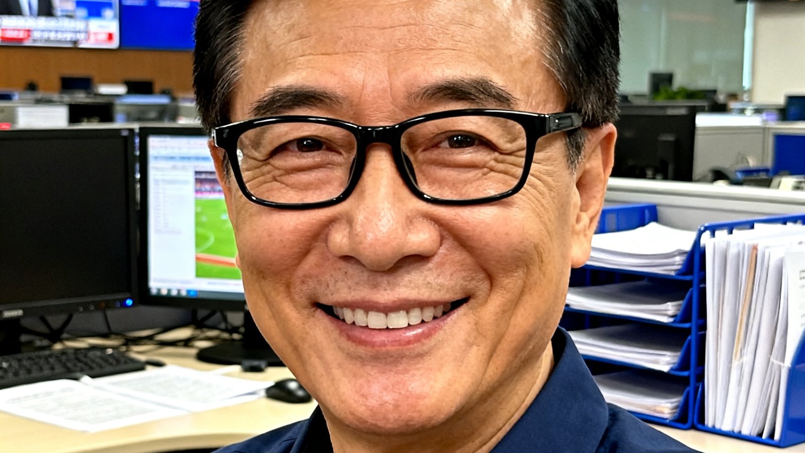 资深体育媒体人张伟民先生的半身职业照，他戴着黑框眼镜，身穿深蓝色衬衫，表情自信微笑，背景为新闻编辑室